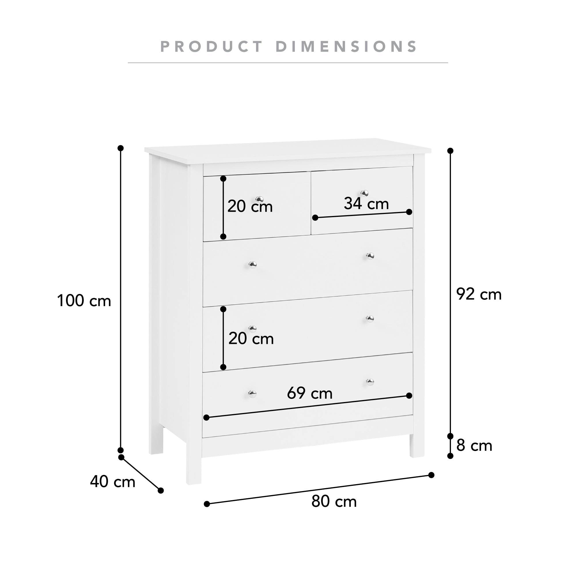 Gemini 80Cm Chest Of 5 Drawers White