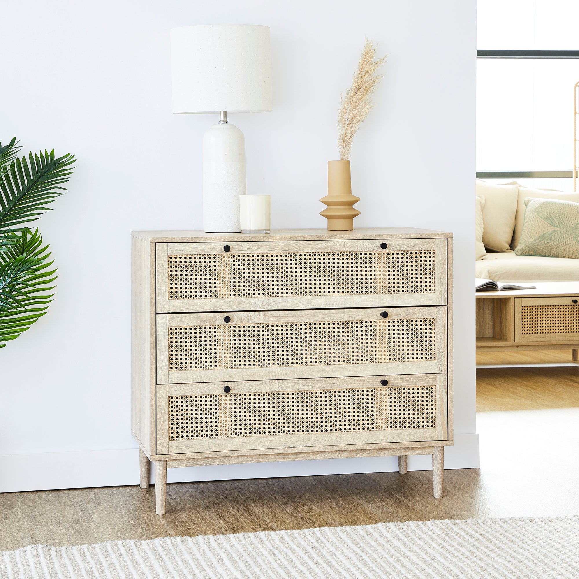 Oahu 90Cm Rattan Chest Of 3 Drawers Natural