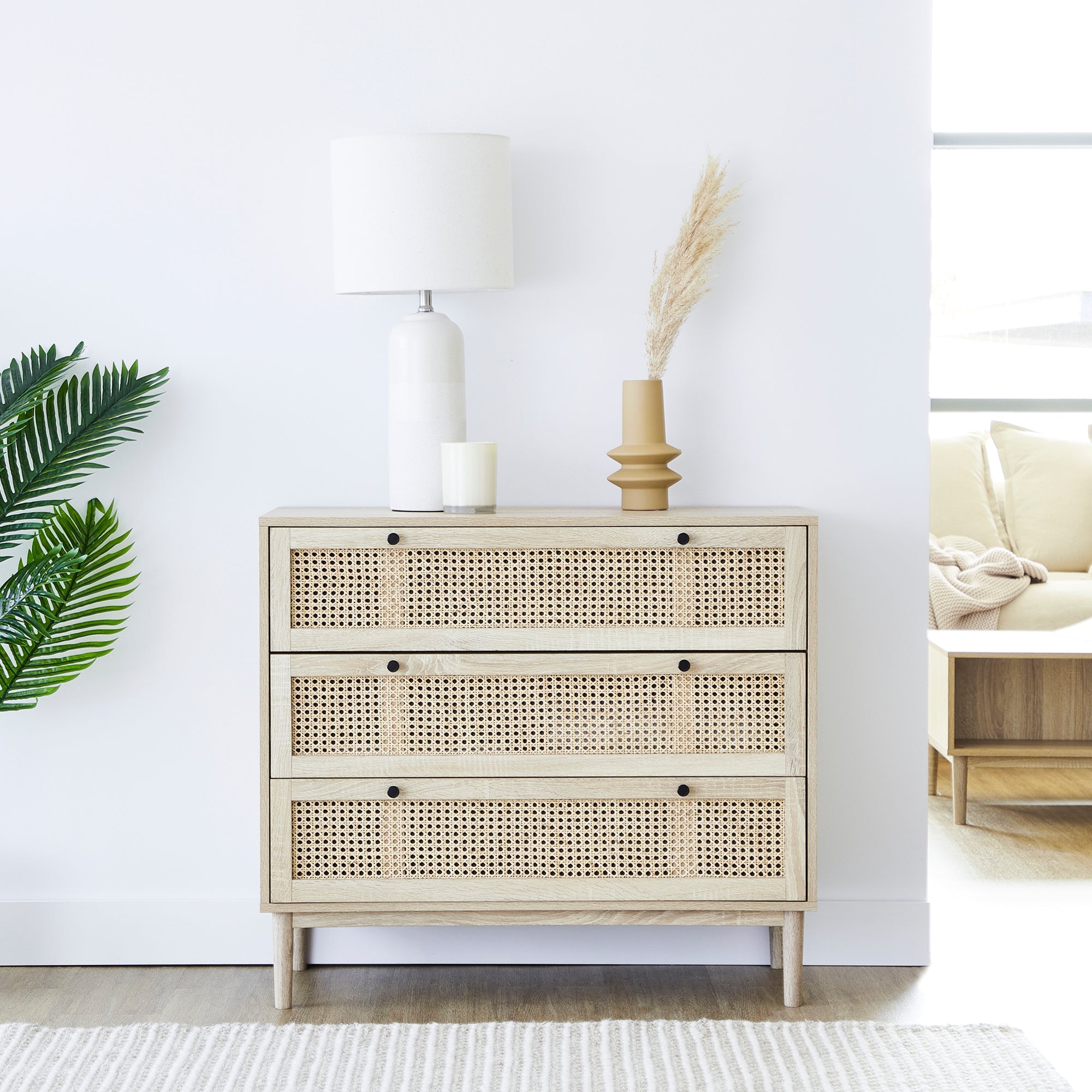 Oahu 90Cm Rattan Chest Of 3 Drawers Natural