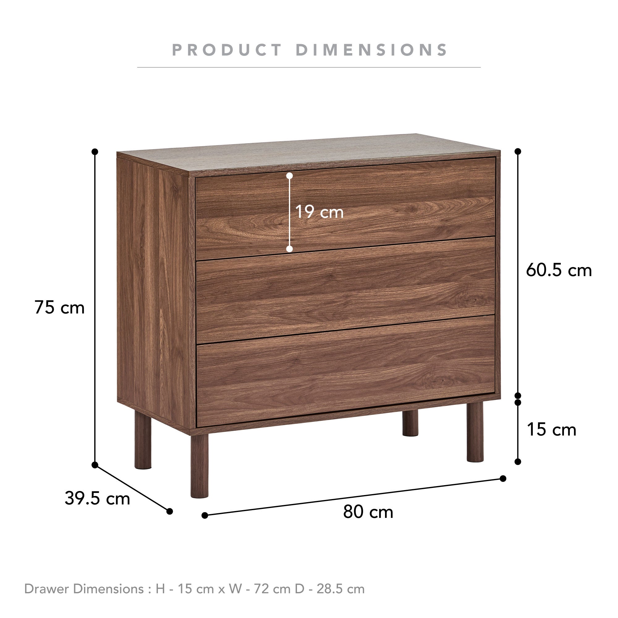 Norquay 80cm Chest of 3 Drawers Walnut