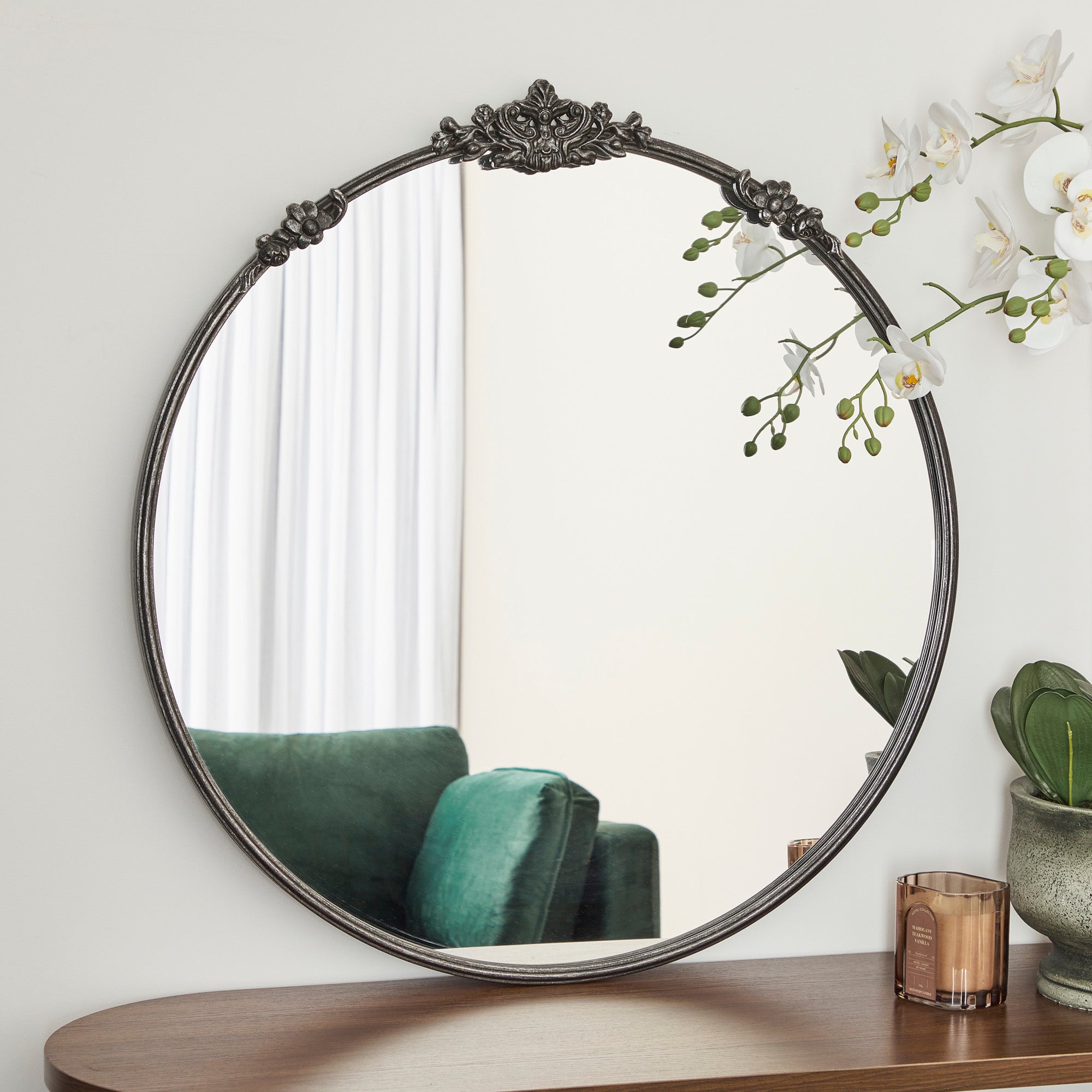 Florence 80cm Baroque Round Mirror Black