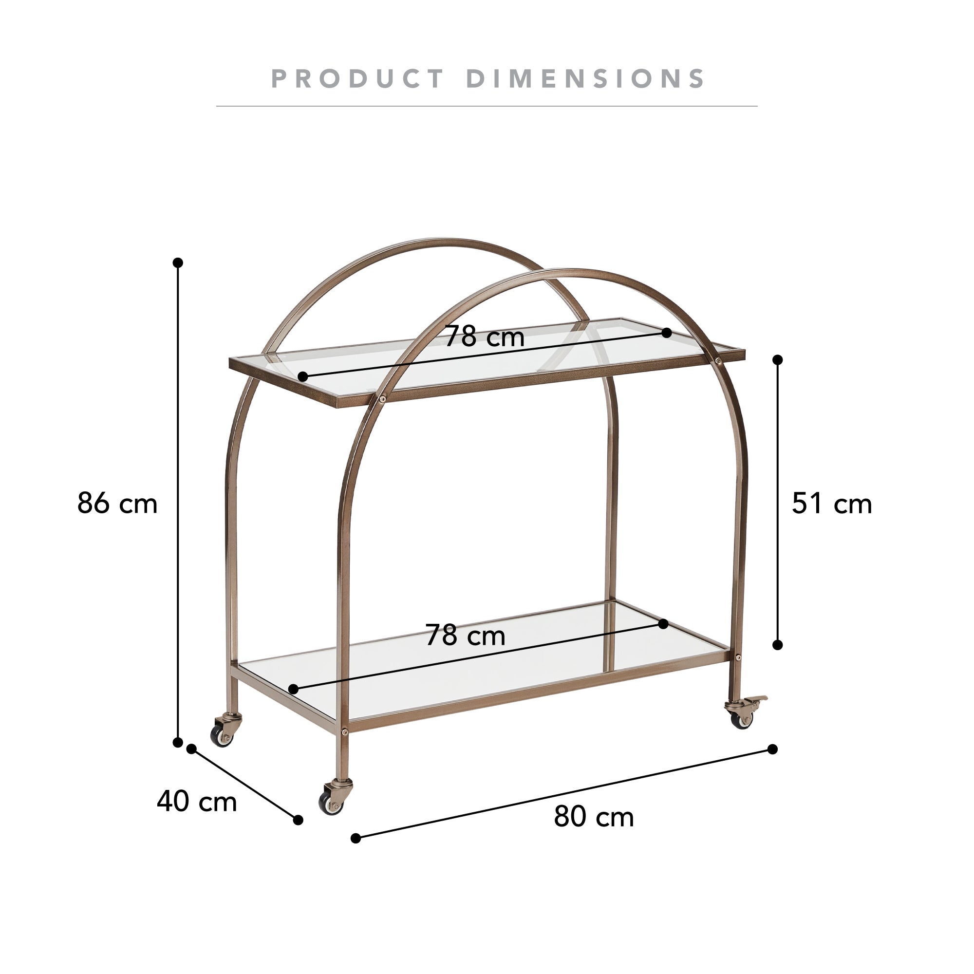 Otis 86cm Steel Arch Bar Cart Brass