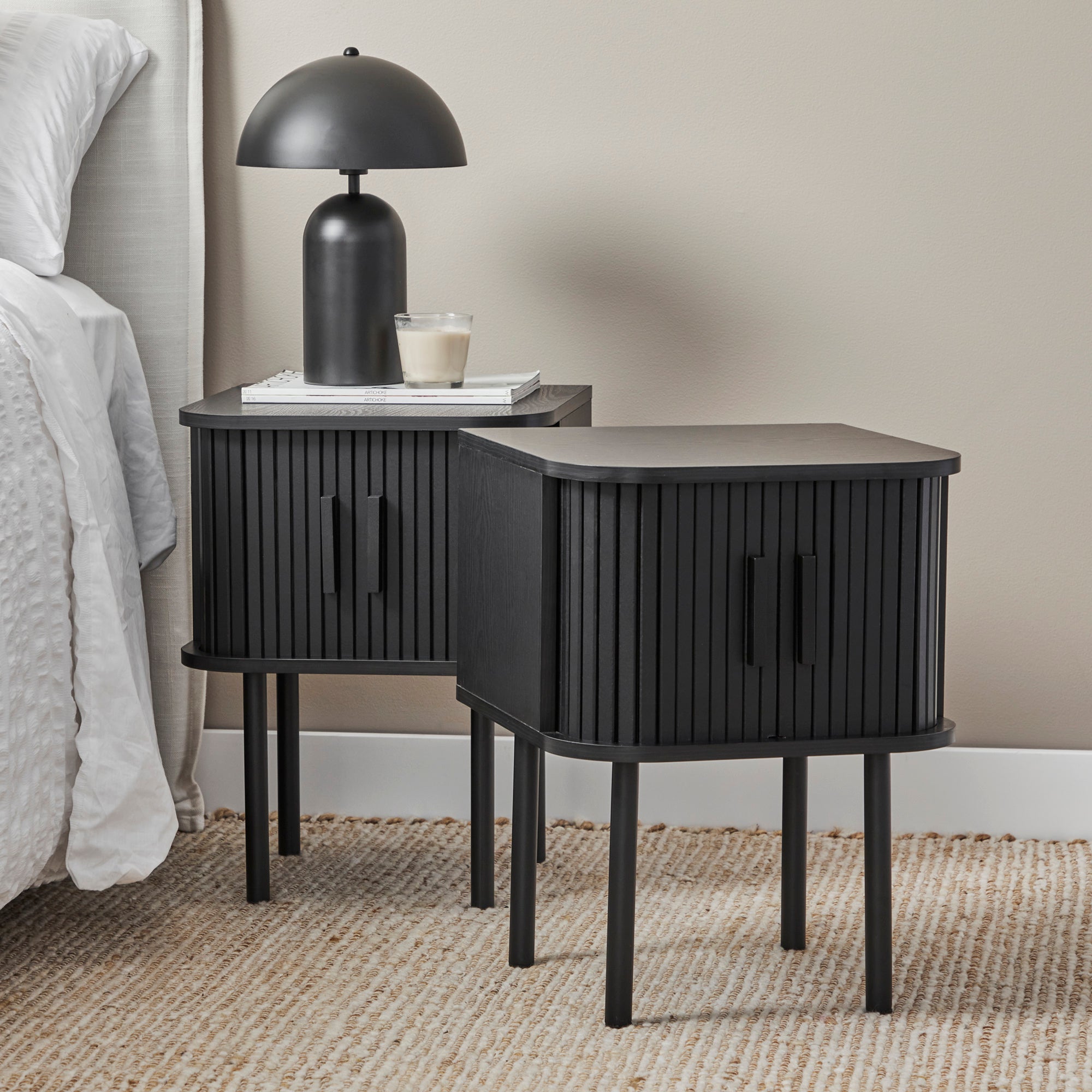 Haven Sliding Door 40cm Bedside Table Black (Set of 2)