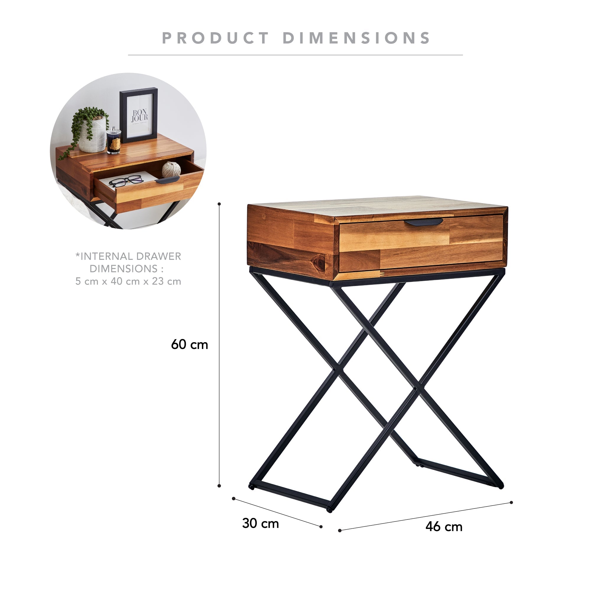 Acacia 46Cm 1 Drawer Side Table Natural Bedside Tables