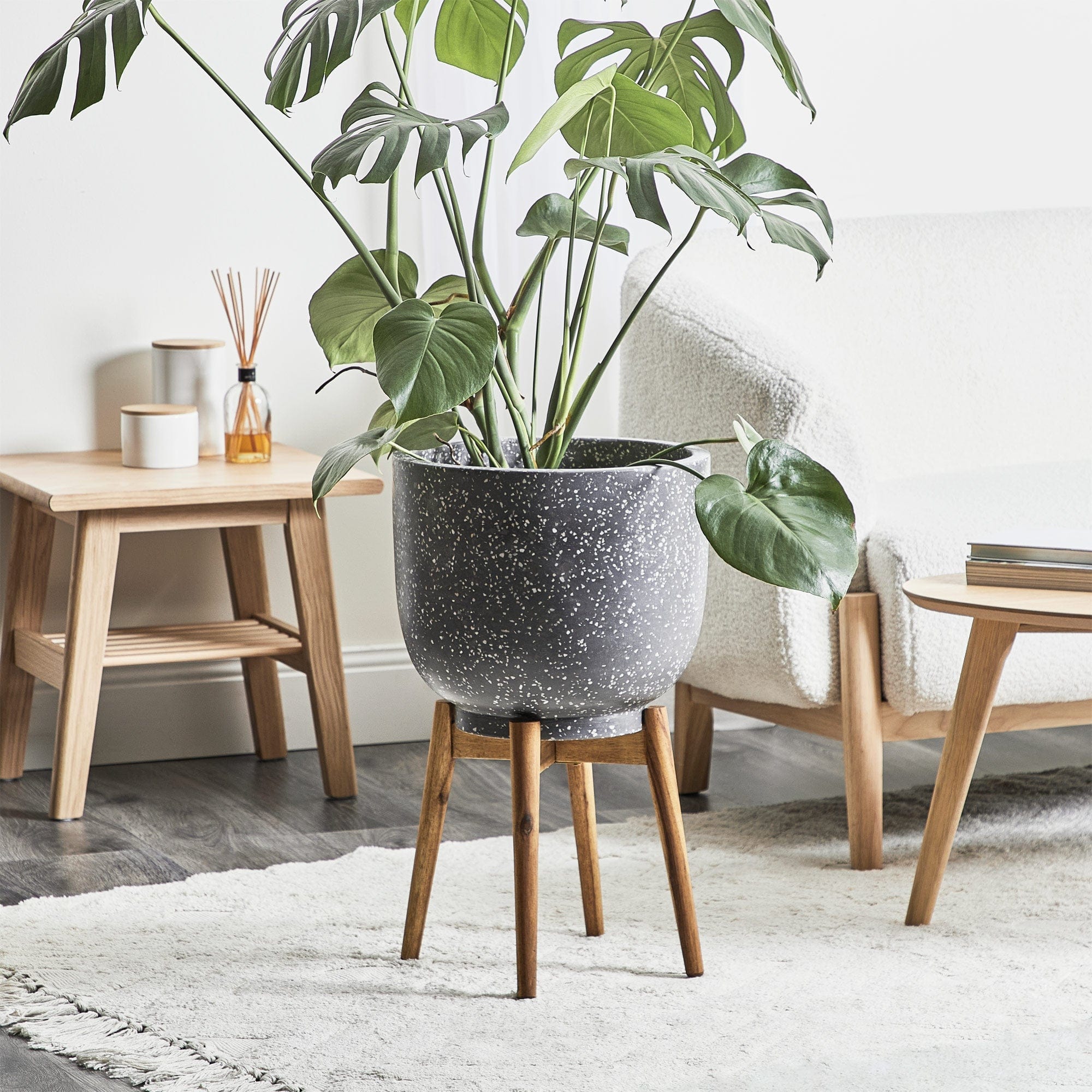 Cooper & Co. Homewares Planters Cooper & Co.58cm Terrazzo Pot On Acacia Wood Stand Grey