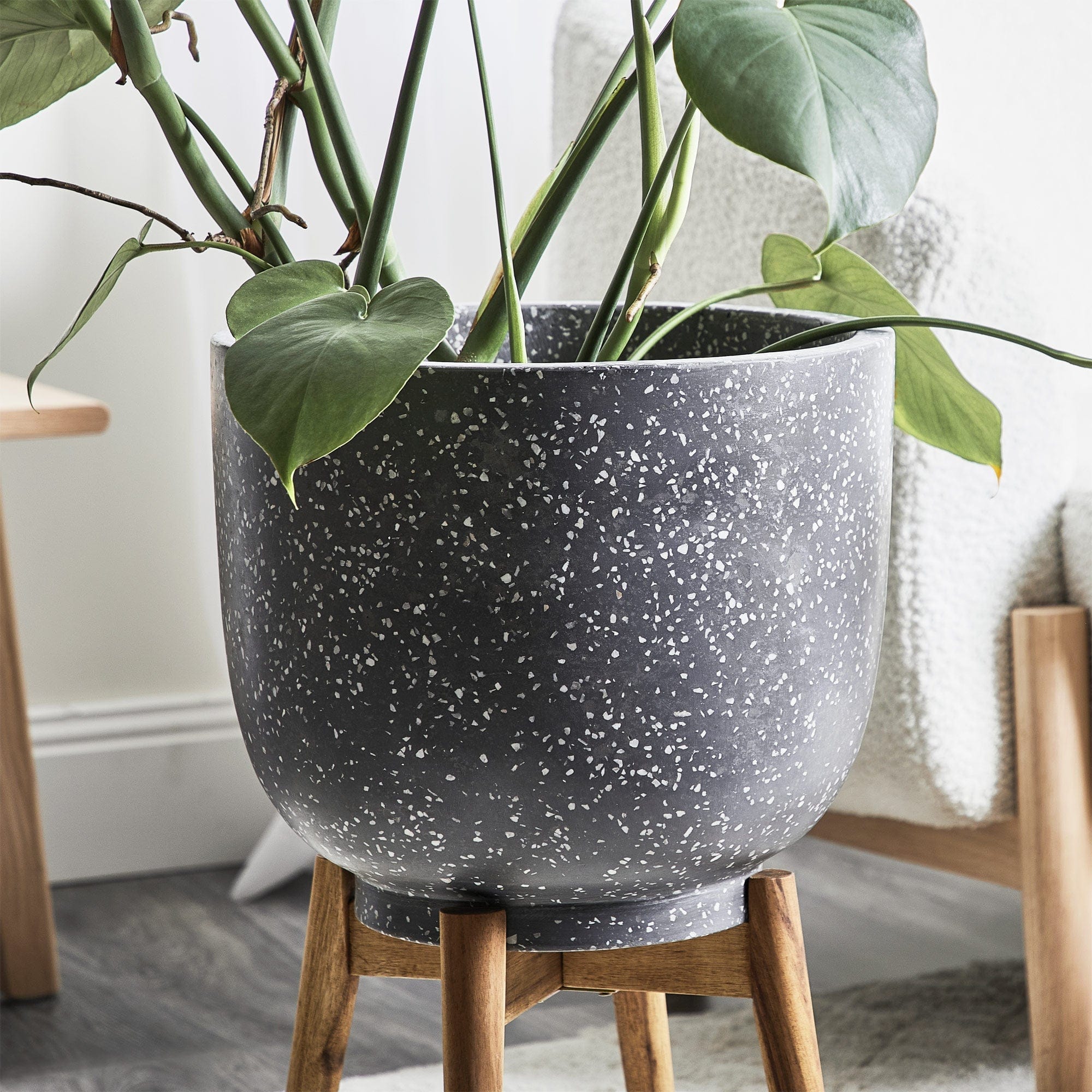 Cooper & Co. Homewares Planters Cooper & Co.58cm Terrazzo Pot On Acacia Wood Stand Grey